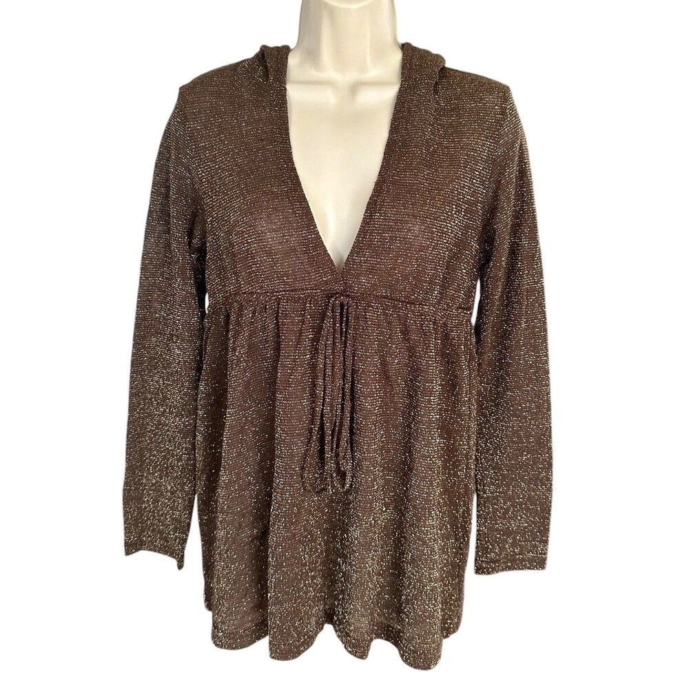 Koton Women's Hooded Metallic Top V-Neck Wool Blend Size M Brown Gold